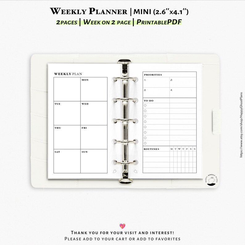 Weekly Planner, Printable Inserts for Mini Size Planner | WO2P | W209 ...