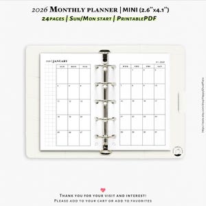 2026 Monthly planner, Printable inserts for Mini size planner | M102