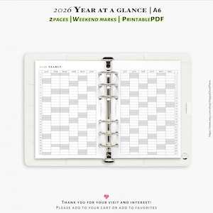 2026 Year at a glance, the weekend marked, Printable inserts for A6 planner | Y103