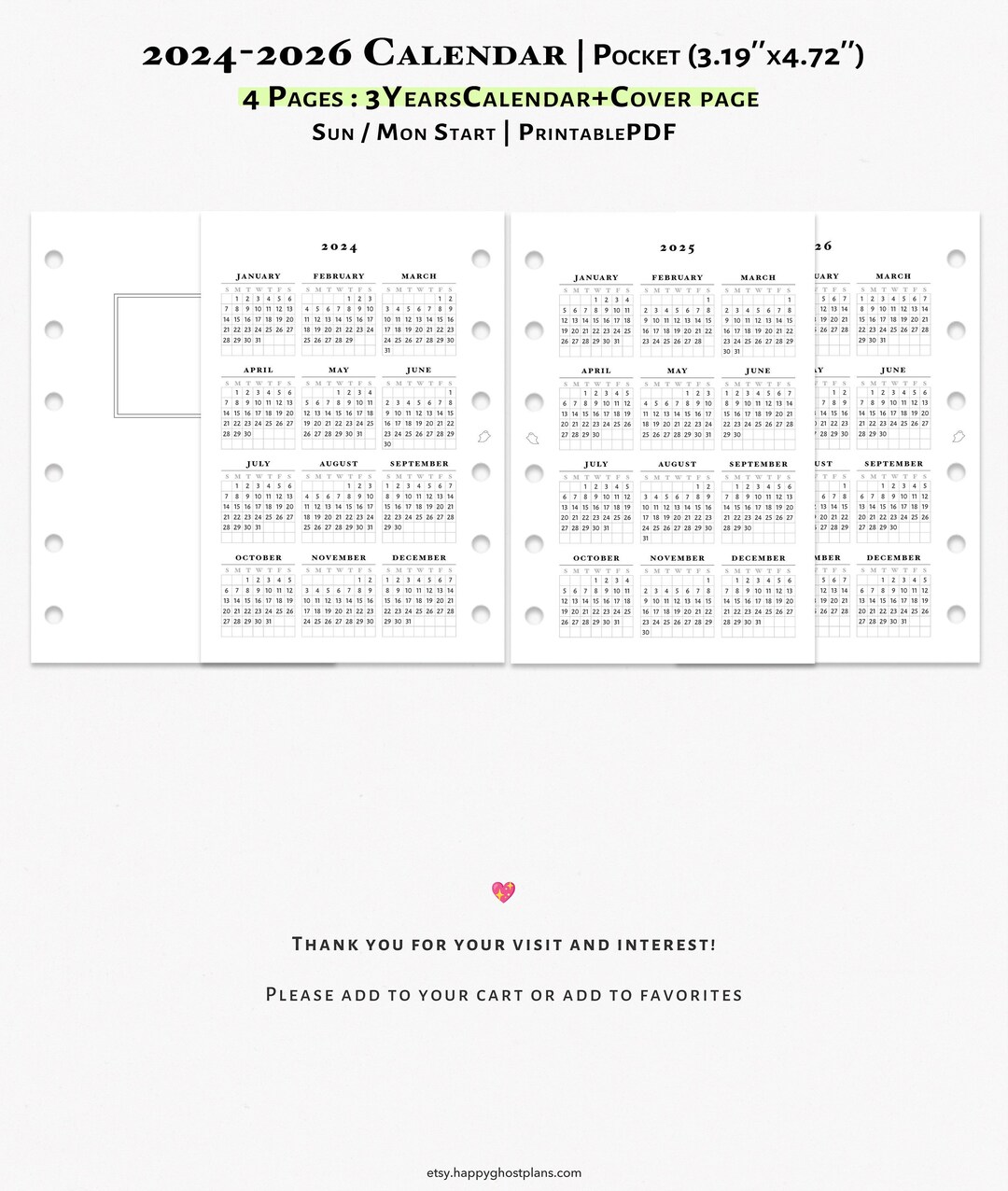 Year at A Glance 202420252026 Calendar Printable Pocket Size Etsy