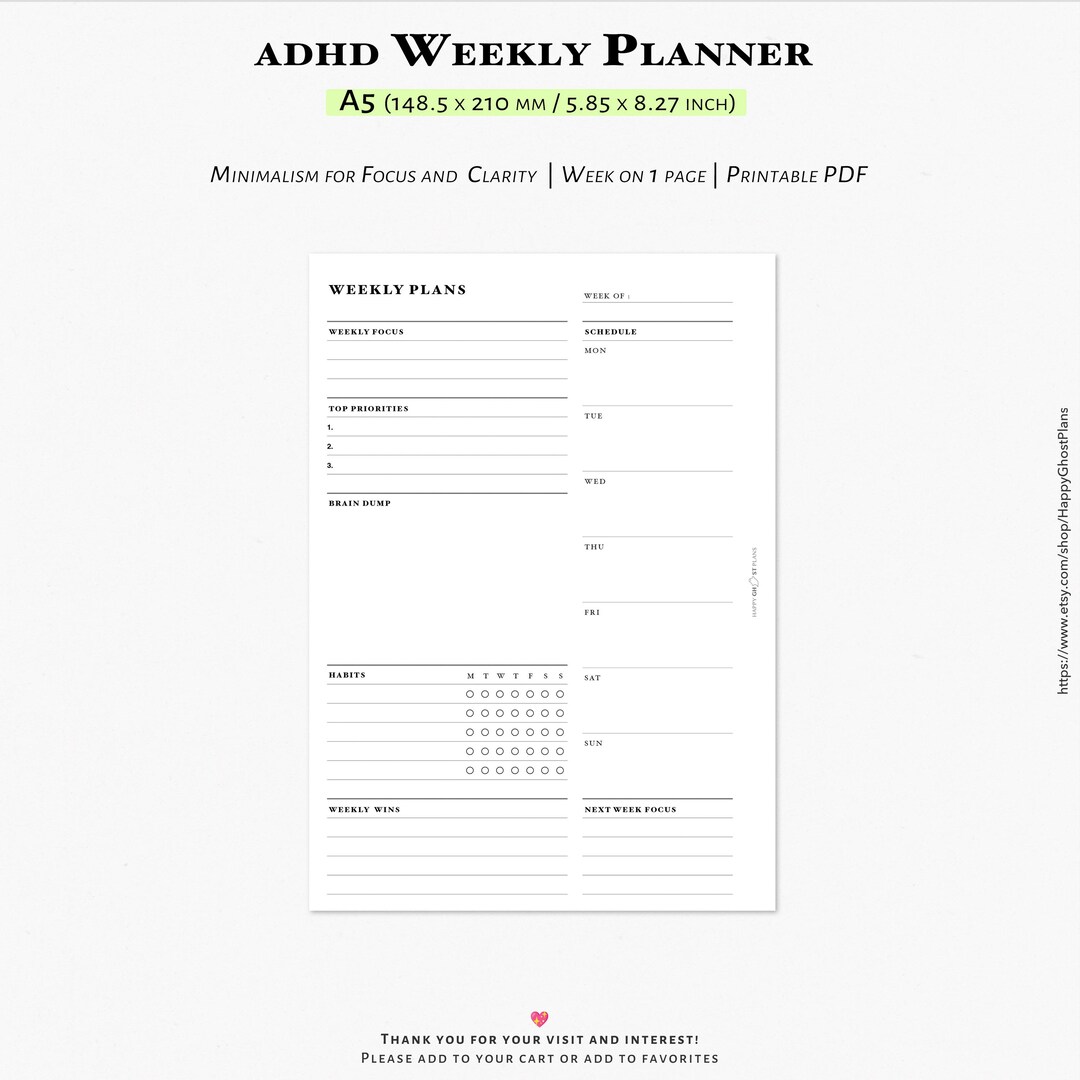 ADHD Weekly Planner, Printable A5 PDF – Simple Weekly Schedule for ...