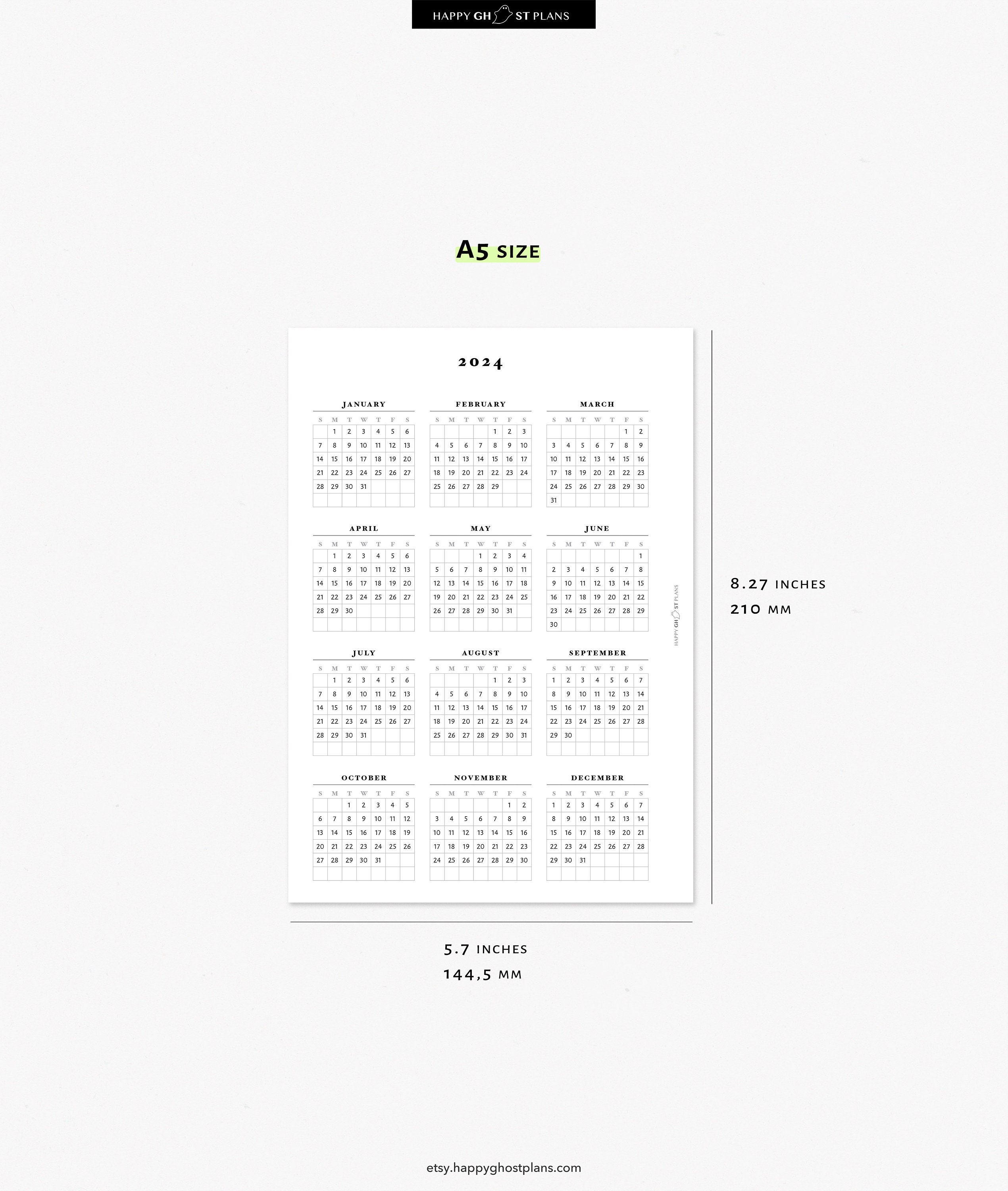 Year at a Glance 202420252026 Printable Calendar for A5 Planner
