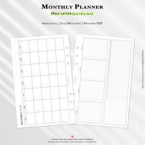 May include: A printable monthly planner in half-letter 5.5 x 8.5 inch size. The horizontal layout features a grid calendar on the left page and a weekly tracking section with a numbered grid on the right page. Both pages have punch holes.
