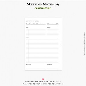 Meeting Notes Printable Inserts for A5 Planner | J128