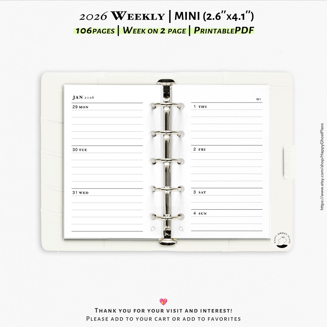 2026 Weekly Planner: Printable Mini Size Planner Inserts | WO2P | W111 ...