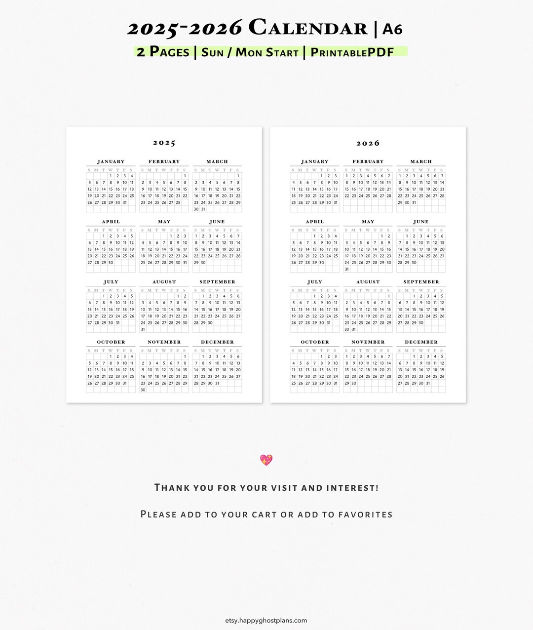 Yearly Calendar 20252026, Printable Insert for A6 Planner Year at a