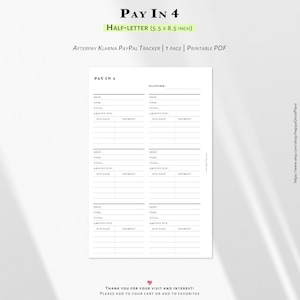 Pode incluir: Uma página de planejador PDF imprimível com o texto "PAY IN 4" no topo. A página foi projetada para rastrear pagamentos, com seções para loja, item, total, valor devido, data de vencimento e pagamento. Tamanho meia carta, 14 x 21,6 cm.