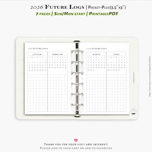2026 Future logs, 7-pages, Printable inserts for Pocket-plus size planner | Y112