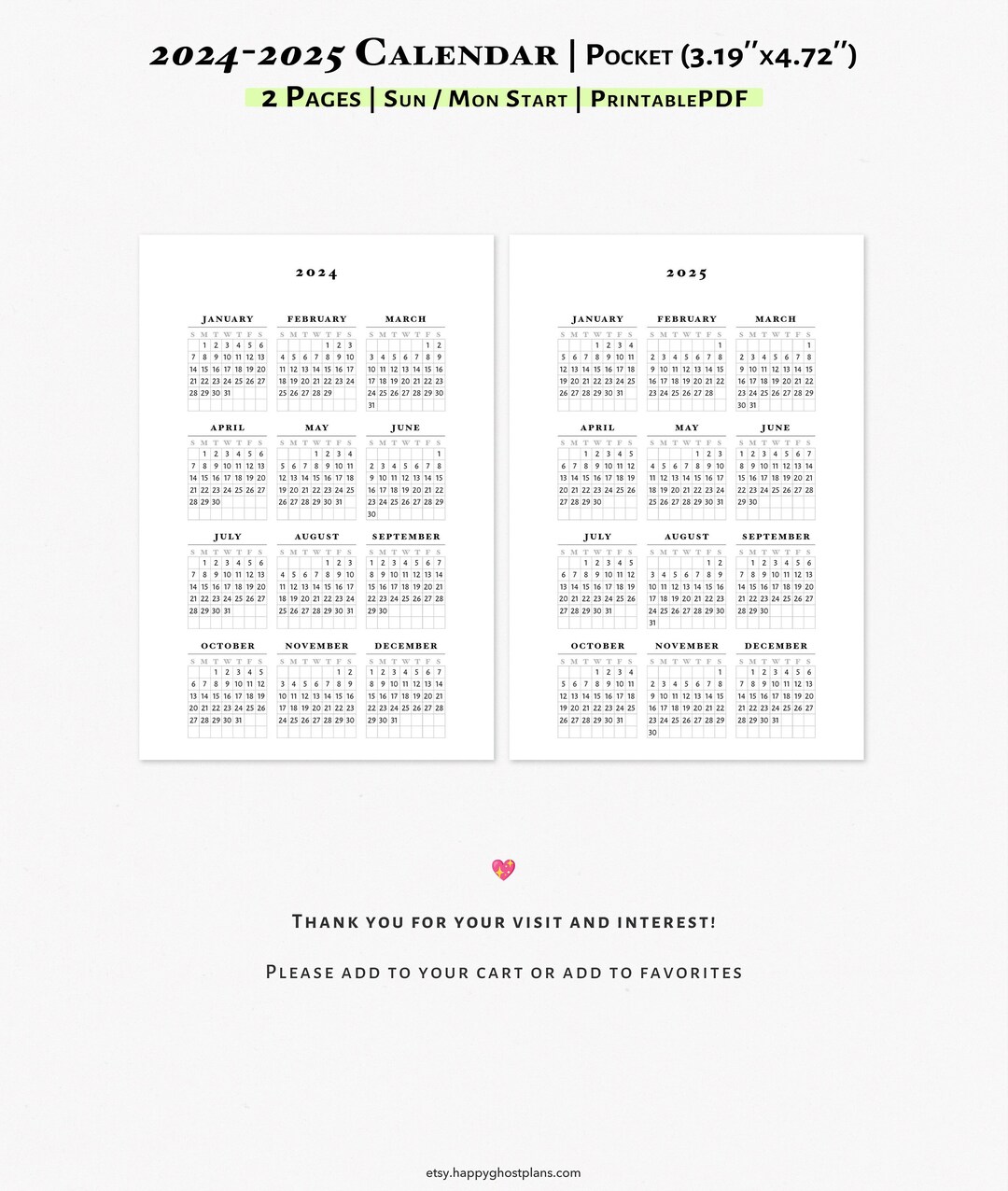 Year at a Glance 2024-2025 Printable Calendar for Pocket Size Planner ...