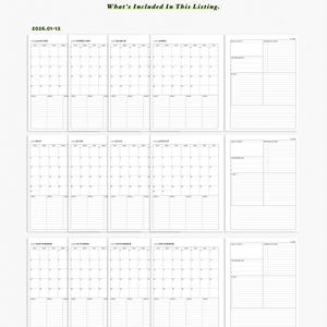 May include: A planner insert with monthly calendars for January through December, plus daily goals and notes sections. The text "What's Included In This Listing" is at the top. The Etsy shop URL is at the bottom.