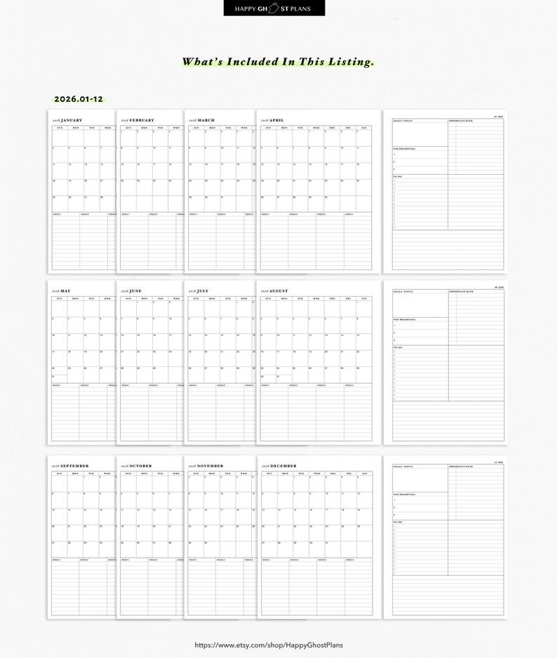 May include: A planner insert with monthly calendars for January through December, plus daily goals and notes sections. The text "What's Included In This Listing" is at the top. The Etsy shop URL is at the bottom.