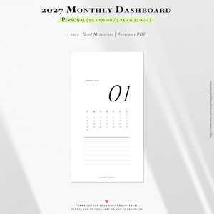 May include: A 2027 monthly dashboard printable PDF planner page measuring 3.74 by 6.37 inches. The white page features the text January 2027, a large number 01, a calendar grid, and horizontal lines for notes. It is labeled as a personal size.