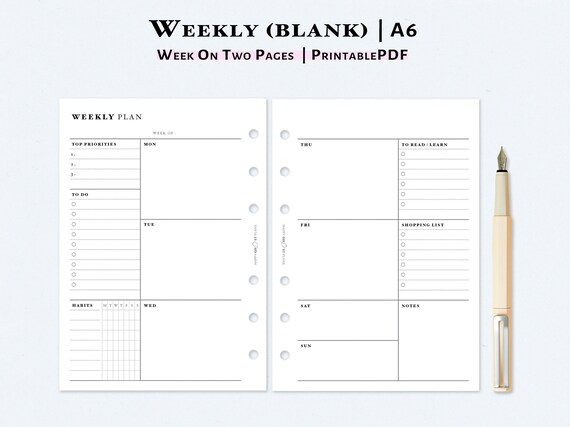 Week on 2 Page Planner Printable A6 Size Inserts Undated - Etsy