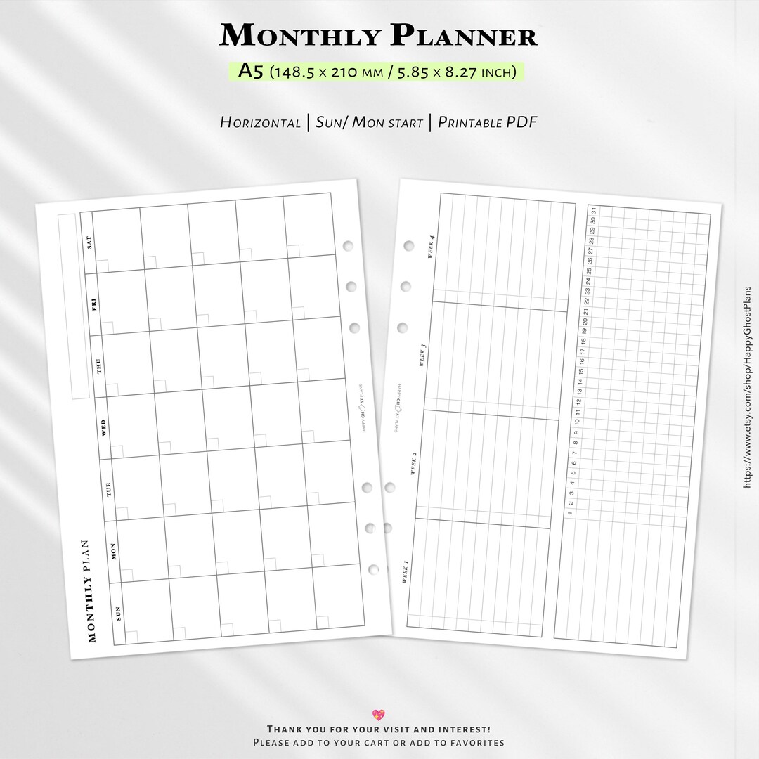 A5 Monthly Planner Horizontal: Printable Planner Insert (PDF Download