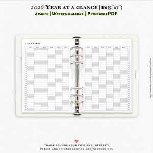 2026 Year at a glance, the weekend marked, Printable inserts for B6 size (5x7 in) planner | Y103