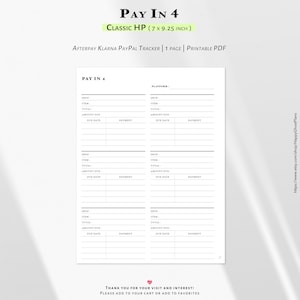 Pode incluir: Uma página de planejador PDF imprimível com o título "PAY IN 4", projetada para planejadores Classic HP (17,78 x 23,5 cm). Inclui seções para rastreamento de pagamentos, com campos para loja, item, total, valor devido, data de vencimento e pagamento.