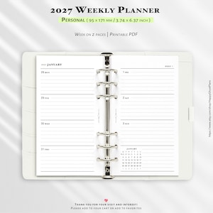 May include: A 2027 weekly planner insert for a personal size binder measuring 95 by 171 mm. The white paper features a week on two pages layout with black text, horizontal lines for daily entries, and a January calendar for the year 2027.