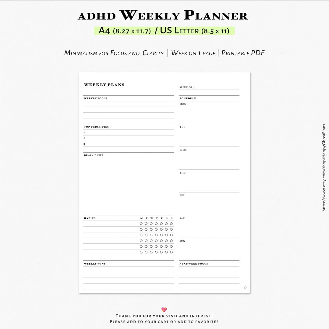 ADHD Weekly Planner, Printable A4, Letter PDF – Simple Weekly Schedule ...