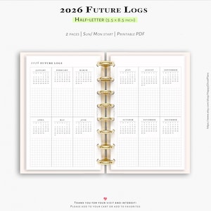 2026 Future logs, Printable inserts for Half-letter planner | Y106