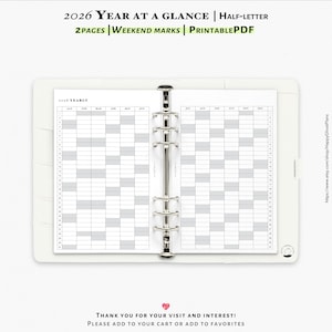 2026 Year at a glance, the weekend marked, Printable inserts for Half-letter planner | Y103