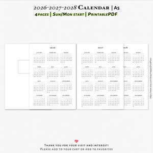 2026-2027-2028 calendar, Year at a glance,  Printable inserts for A5 planner | Y101