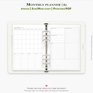 Monthly planner, Printable inserts for A5 planner | M122