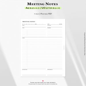 May include: A white printable PDF meeting notes template. The document includes sections for title, topic, members, notes, and a to-do list. The document is sized at 8.5 x 11 inches. The text "MEETING NOTES" is at the top.