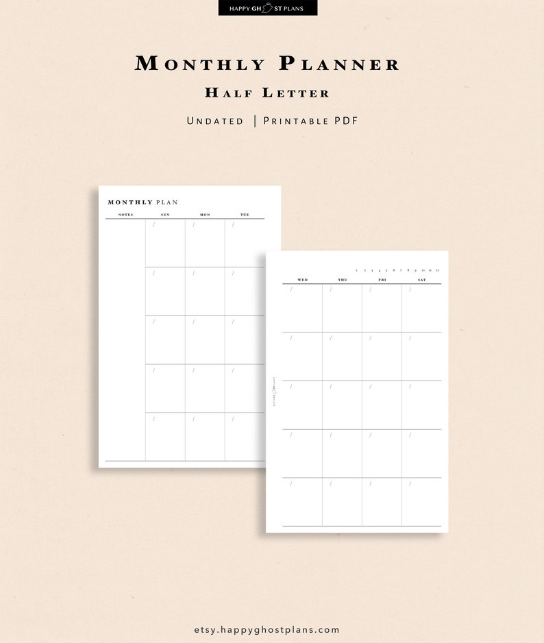 Monthly Planner Printable Half-Letter Blank Calendar PDF | Etsy