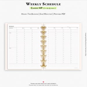 May include: A weekly planner with a grid layout, featuring hourly time blocking. The planner is designed for Classic HP (7 x 9.25 inch) and includes sections for priorities, to-do lists, and notes. The text "WEEKLY SCHEDULE" and "PRINTABLE PDF" are visible.