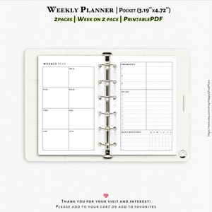 Weekly Planner, Printable inserts for Pocket size planner | WO2P | W209