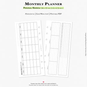 Monthly Planner Horizontal: Printable Personal-Narrow Planner Inserts (PDF Download) | M103