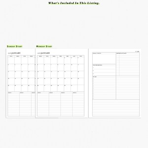 May include: A white planner spread with a calendar for January 2020, featuring Sunday and Monday start options. The planner includes sections for goals, important dates, top priorities, and a to-do list. The text "What's Included In This Listing" is at the top.