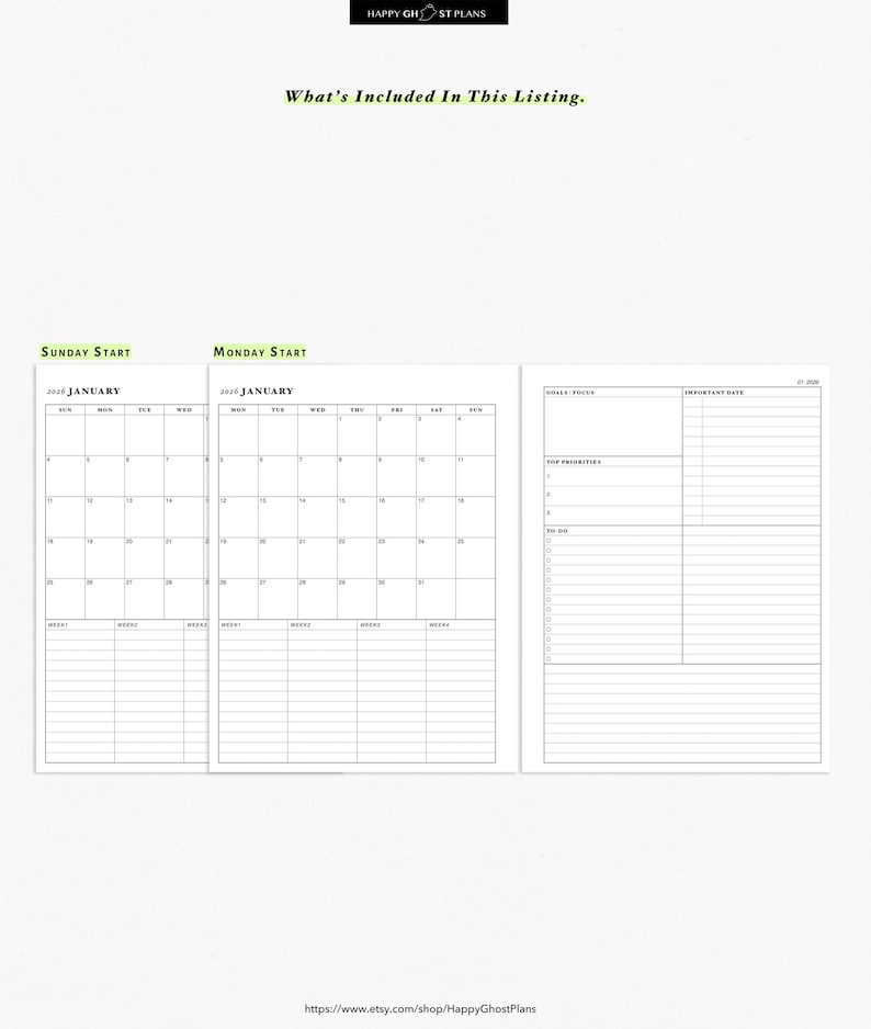 May include: A white planner spread with a calendar for January 2020, featuring Sunday and Monday start options. The planner includes sections for goals, important dates, top priorities, and a to-do list. The text "What's Included In This Listing" is at the top.