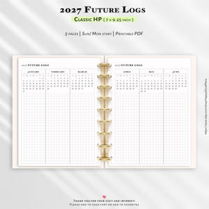 May include: A 2027 Future Logs planner insert for a disc-bound system, measuring 17.78 by 23.5 cm. The white pages feature a grid layout with monthly calendars for January through June, organised with headers and columns for each month.