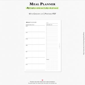 Planificateur de repas hebdomadaire avec liste de courses, feuillet d'agenda imprimable A5 | J139