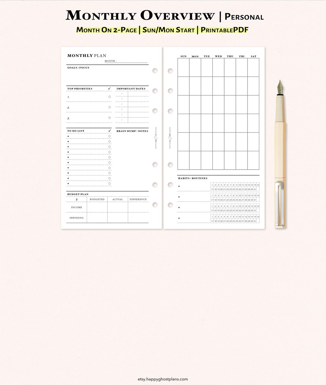Monthly Overview Printable Personal Size Inserts MO2P - Etsy Canada