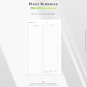 May include: A printable PDF daily schedule planner with the text "DAILY SCHEDULE" and "HALF-LETTER (5.5 x 8.5 INCH)". The planner includes sections for scheduling, notes, and a date section. The bottom of the page has a thank you message.