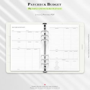May include: A5 size printable paycheck budget planner. The white planner has a black and white layout with sections for income, expenses, and savings. The planner is 5.85 x 8.27 inches (148.5 x 210 mm).