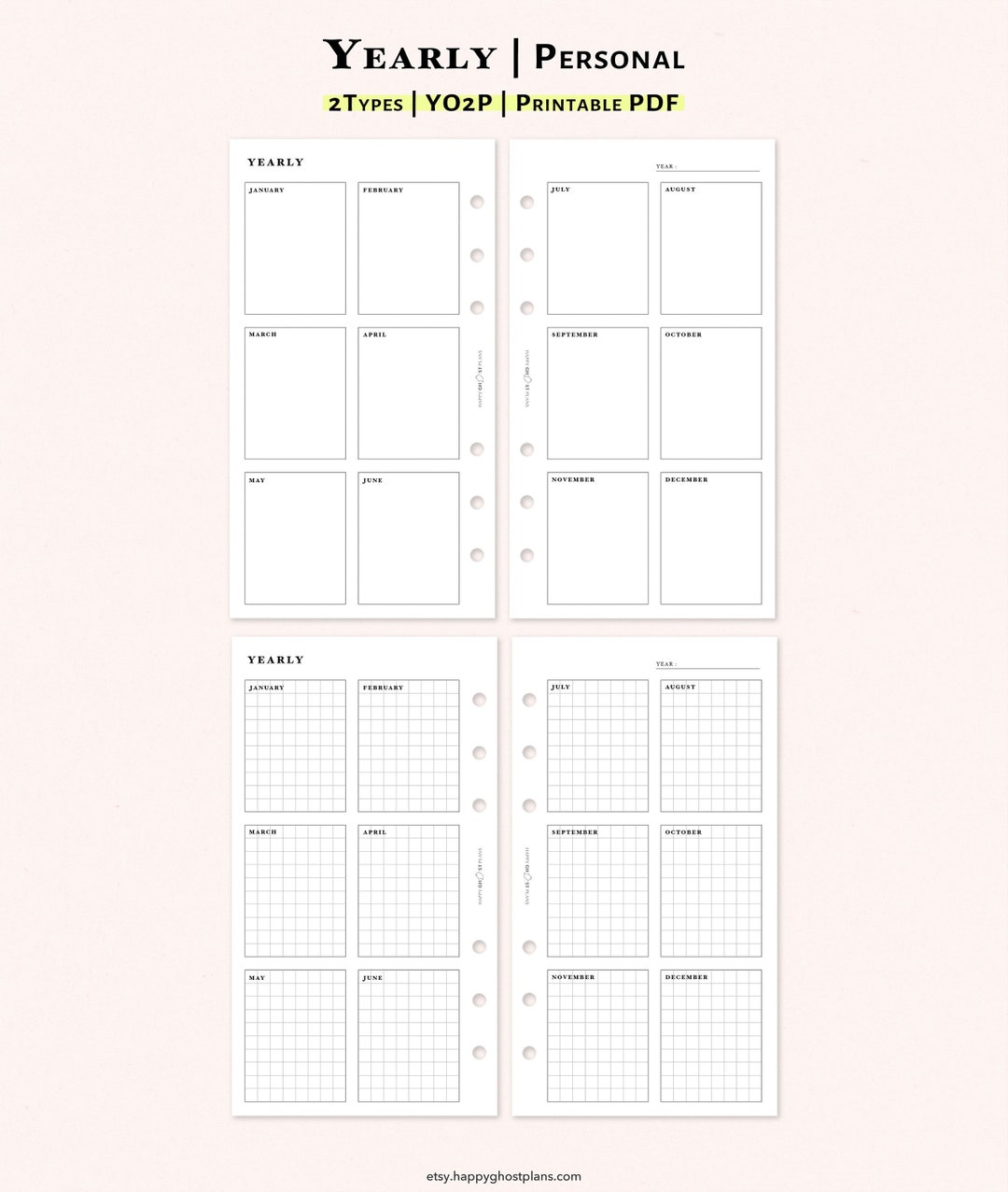 Year at A Glance Pages Printable Personal Size Inserts Two - Etsy