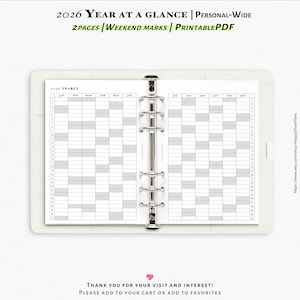 2026 Year at a glance, the weekend marked, Printable inserts for Personal-wide size planner | Y103