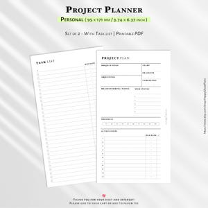 May include: Two-page project planner with a task list and project plan layout. The planner is labeled "Project Planner" and includes sections for objectives, brainstorming notes, milestones, and action steps. The dimensions are 3.74 x 6.37 inches.