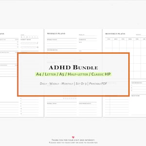 Puede incluir: Un conjunto de páginas de planificador imprimibles con diseños diarios, semanales y mensuales. Las páginas son blancas con texto negro e incluyen el texto "ADHD BUNDLE" y opciones de tamaño. También se ve el texto "DAILY - WEEKLY - MONTHLY | Set Of 3 | Printable PDF".
