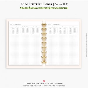 2026 Future logs, 5-pages, Printable inserts for Classic Happy Planner  | Y112