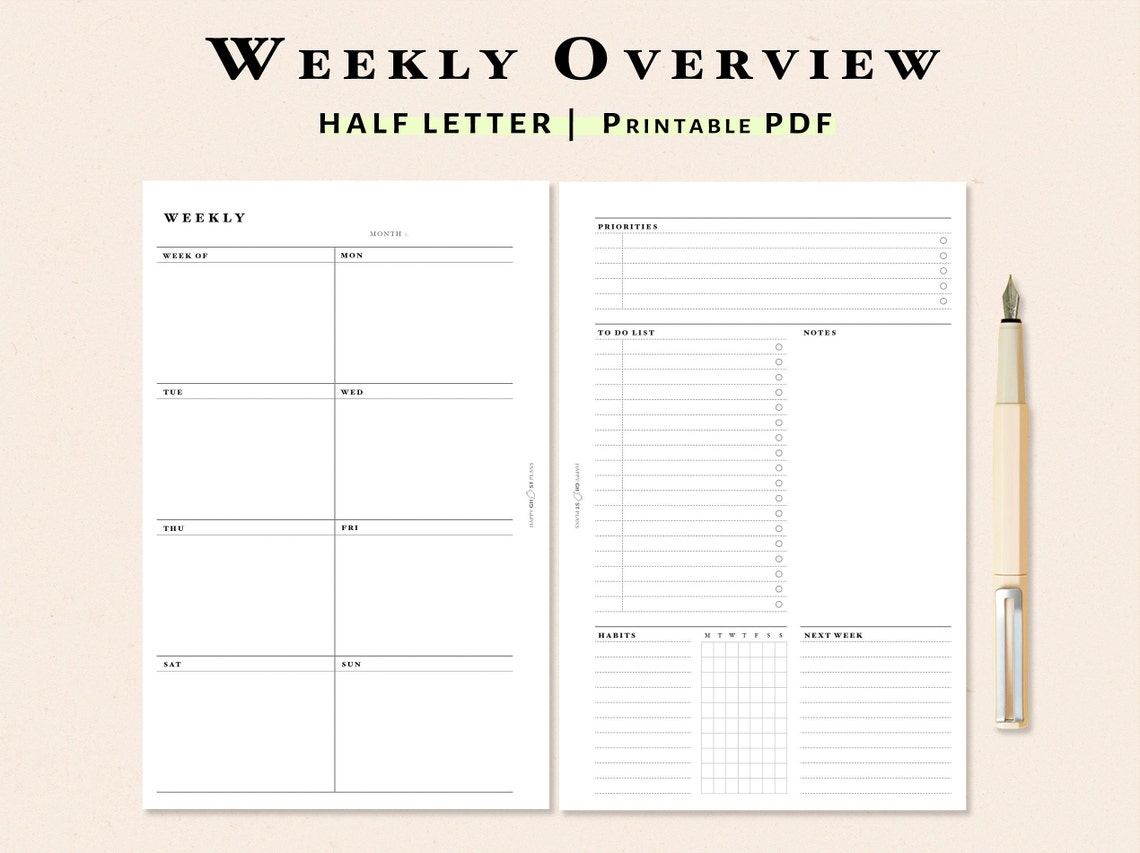 Weekly Planner Printable Half Letter Size Weekly Overview Etsy