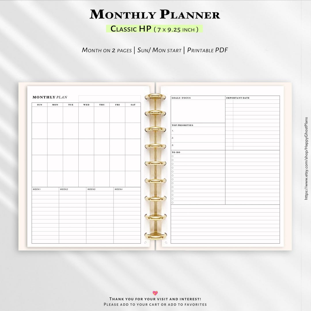 Monthly Planner, Printable Insert for Classic Happy Planner | M122 ...