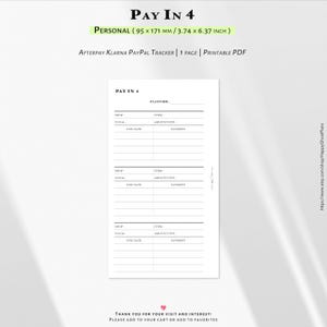 Pode incluir: Um documento PDF imprimível intitulado "PAY IN 4" com um rastreador para Afterpay, Klarna e PayPal. O documento tem 95 x 171 mm e inclui seções para loja, item, valor devido, data de vencimento e pagamento.