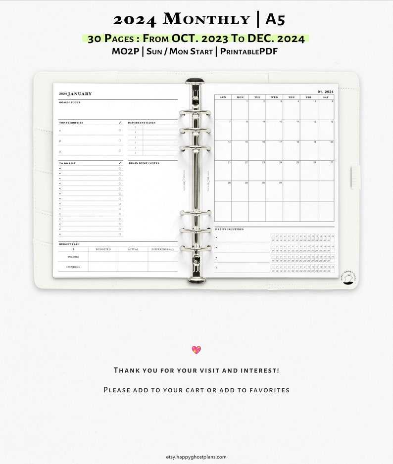 2024 Monthly Overview Printable A5 Size Inserts MO2P 2024 - Etsy Ireland