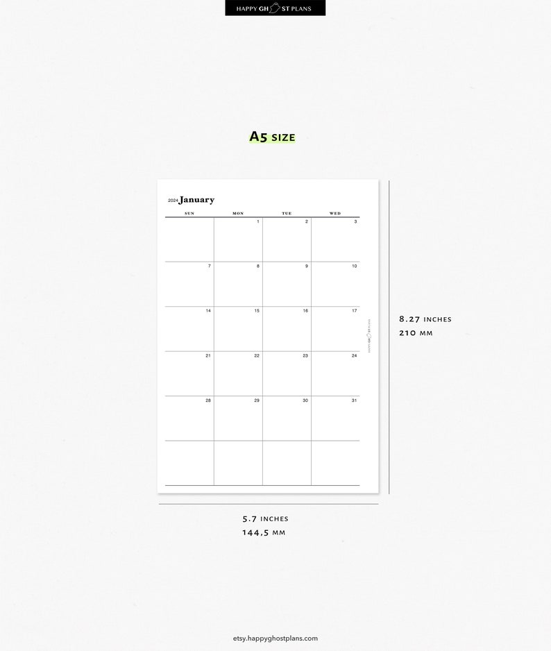 2024 Monthly Calendar Printable Insert for A5 Planner Two Page Calendar