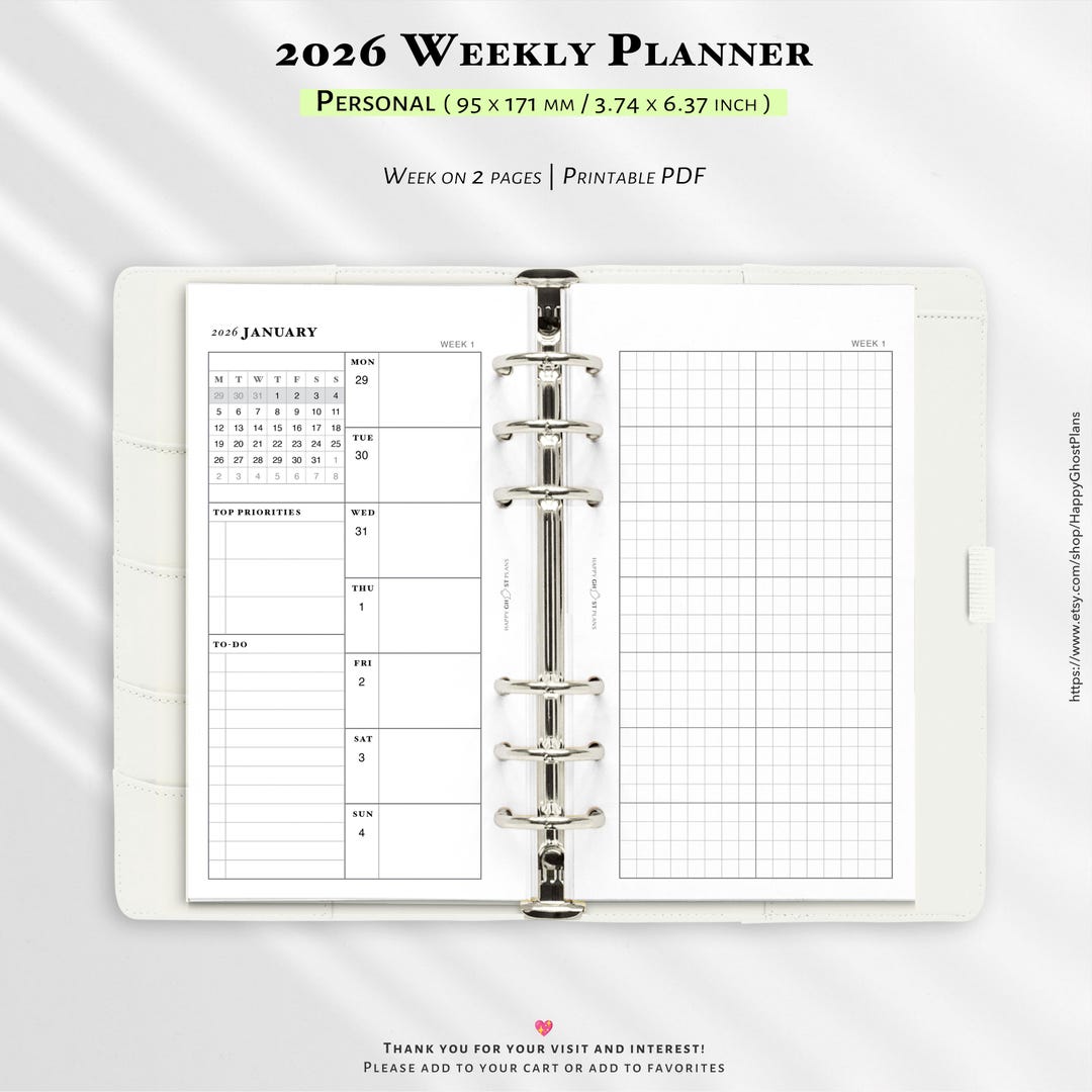 2026 Weekly Planner: Printable Personal-size Planner Inserts (WO2P ...