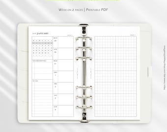 May include: A 2026 weekly planner insert measuring 3.74 by 6.37 inches, featuring a week on two pages layout with a monthly calendar, top priorities, to-do list, and a grid section. The white paper is held by a silver six-ring metal binder mechanism.